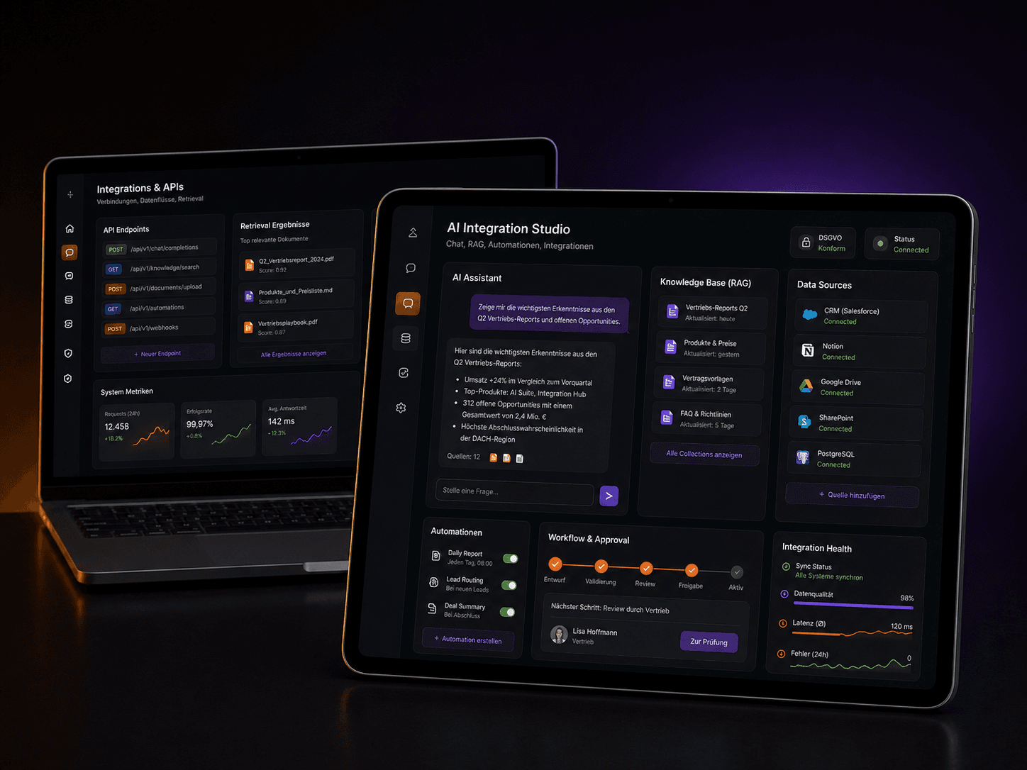 Tablet- und Laptop-Mockup mit KI-Chat, RAG-Datenquellen, Automationen und DSGVO-Status