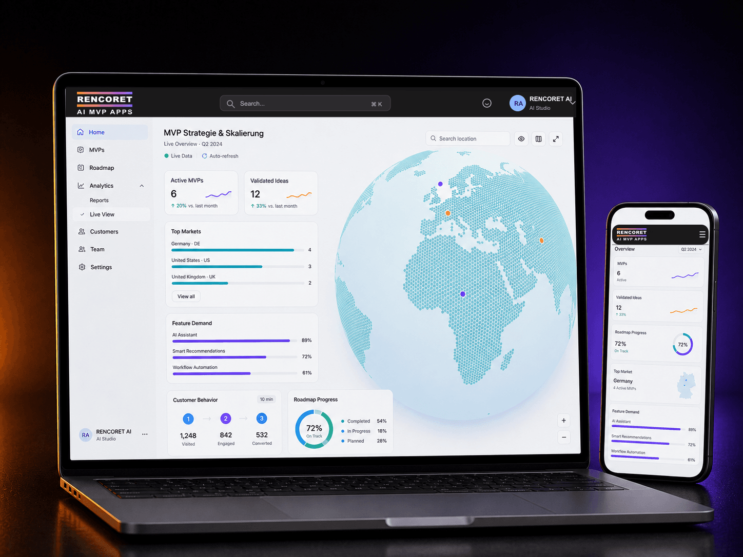 Laptop- und Smartphone-Mockup mit MVP-Roadmap, Feature-Priorisierung, Validierungs-KPIs und Health Score