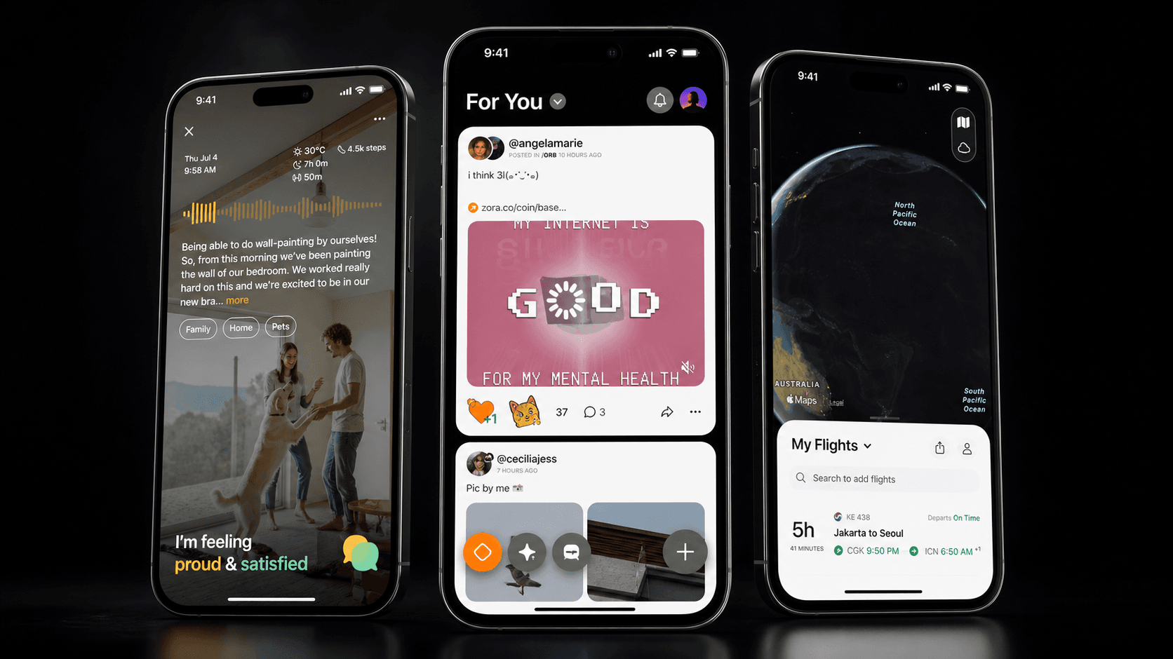 Drei konkrete App-Screens: Mood-Journal, Social Feed und Flight Tracker auf fotorealistischen iPhones