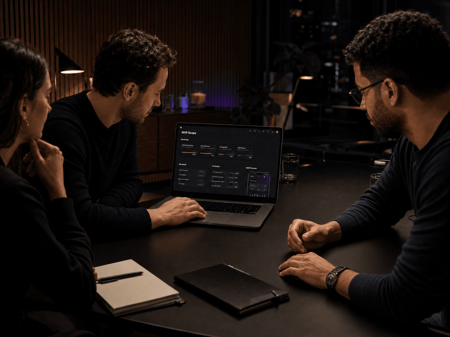 Produktteam prüft den Scope eines KI-MVPs am Laptop